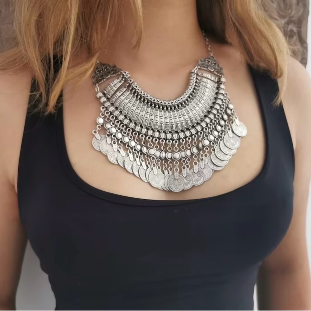 Antique silver statement necklace with matching earrings